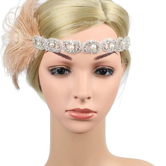 Vintage Flapper Headband Art Deco 1920s Gatsby Feather Crystal Accessory main image 4